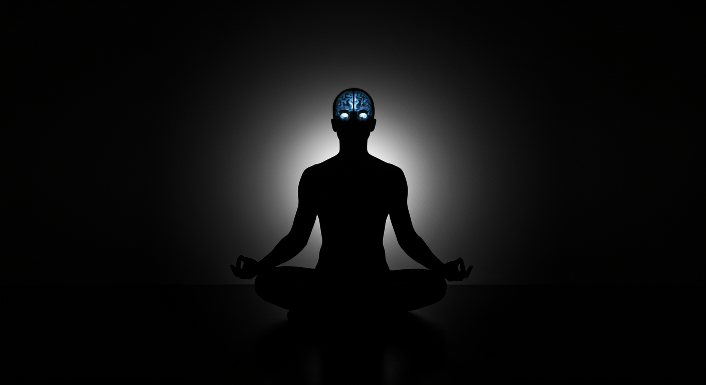 Brain scan with meditation pose silhouette in soft lighting
