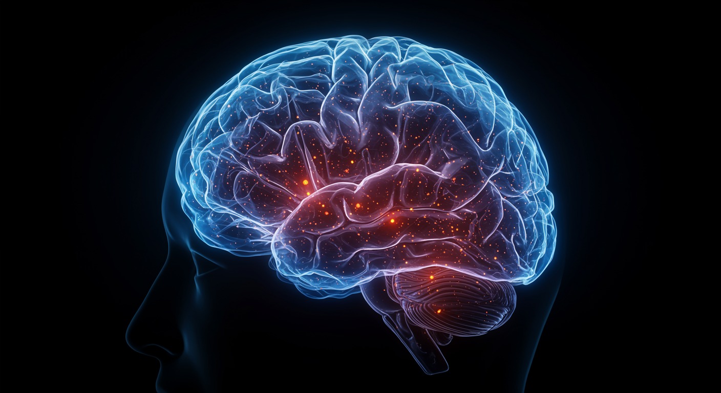 Photorealistic brain visualization showing cognitive networks with sleep restriction effects, demonstrating impaired neural processing, soft neuroscientific lighting, no text