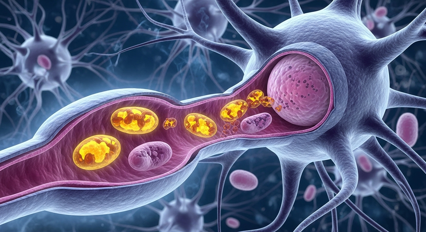 Illustration of neurons with mitochondria highlighted to show reduced mtDNA during nicotine exposure
