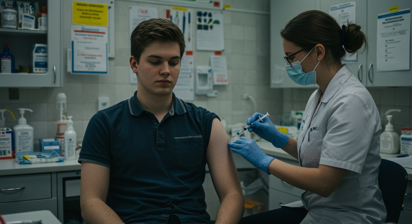 A young man receiving a vaccination from a nurse in a bright modern clinic