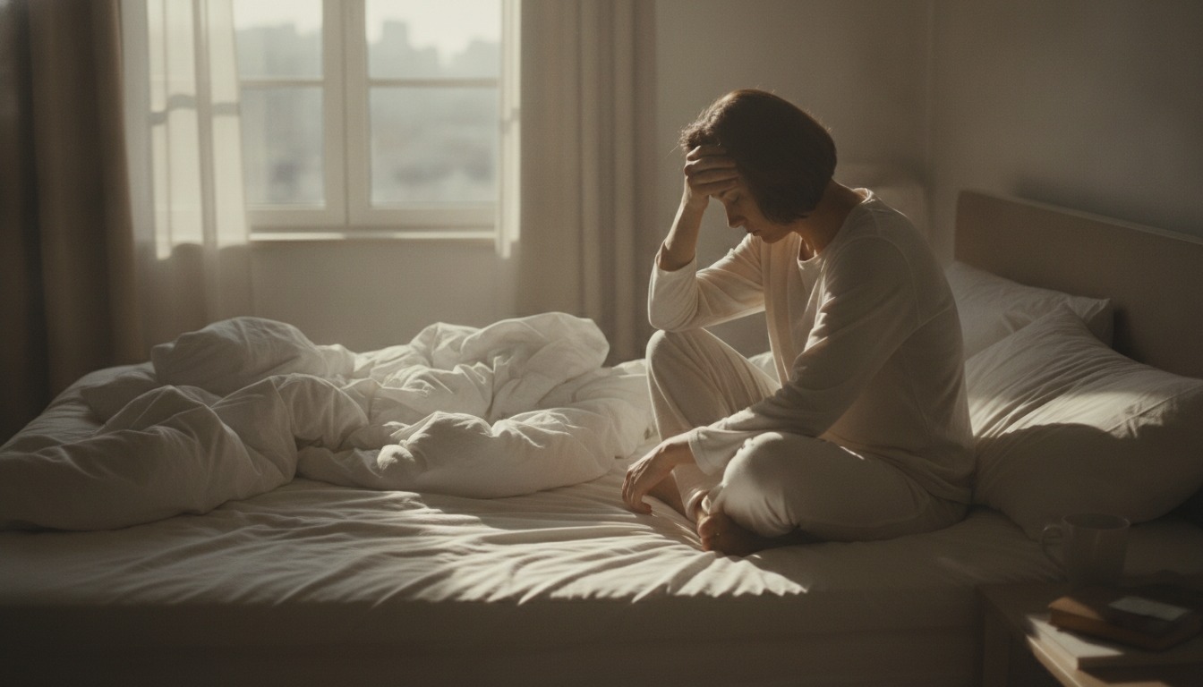 A person sitting on the edge of an unmade bed in soft morning light, resting one hand on their forehead