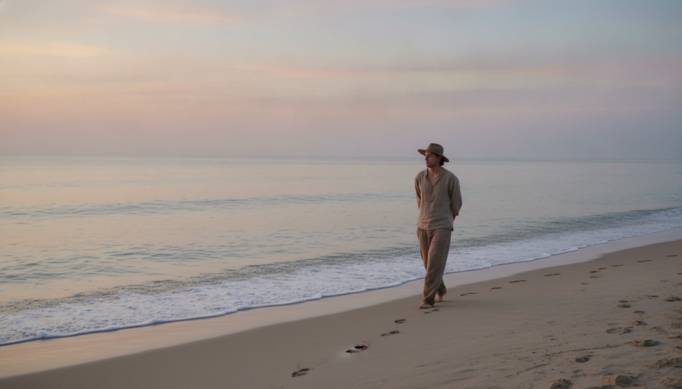 Peaceful person walking alone on a quiet beach at dawn with muted pastel sky and calm waves