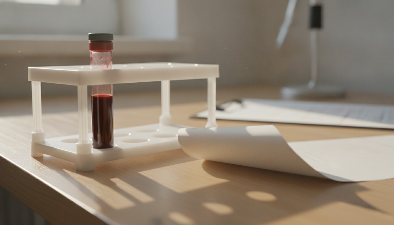 A vial of blood in a rack on a clinic bench beside a printed lab report, soft daylight from a nearby window