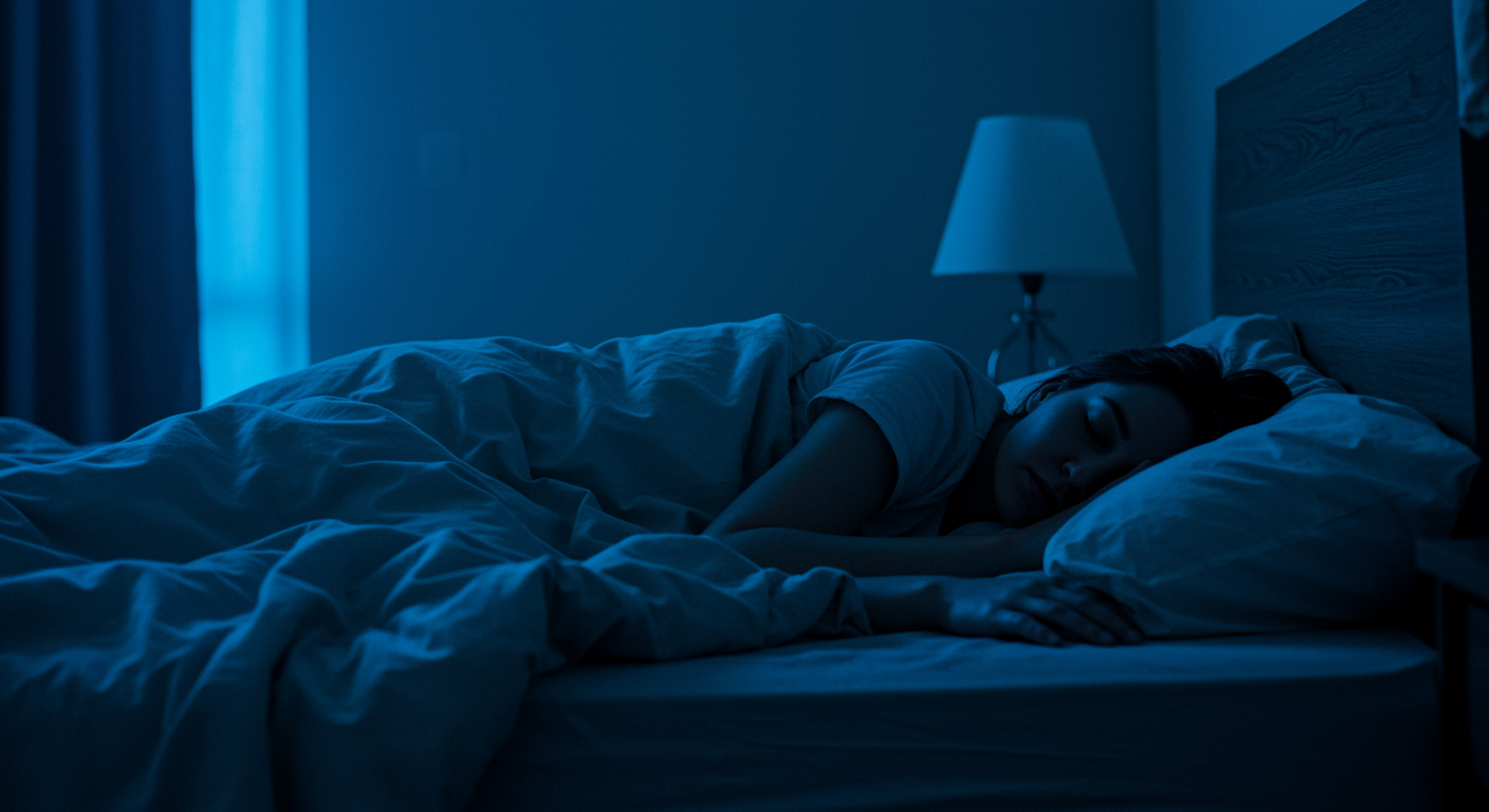 Person sleeping peacefully in bedroom with soft blue ambient lighting