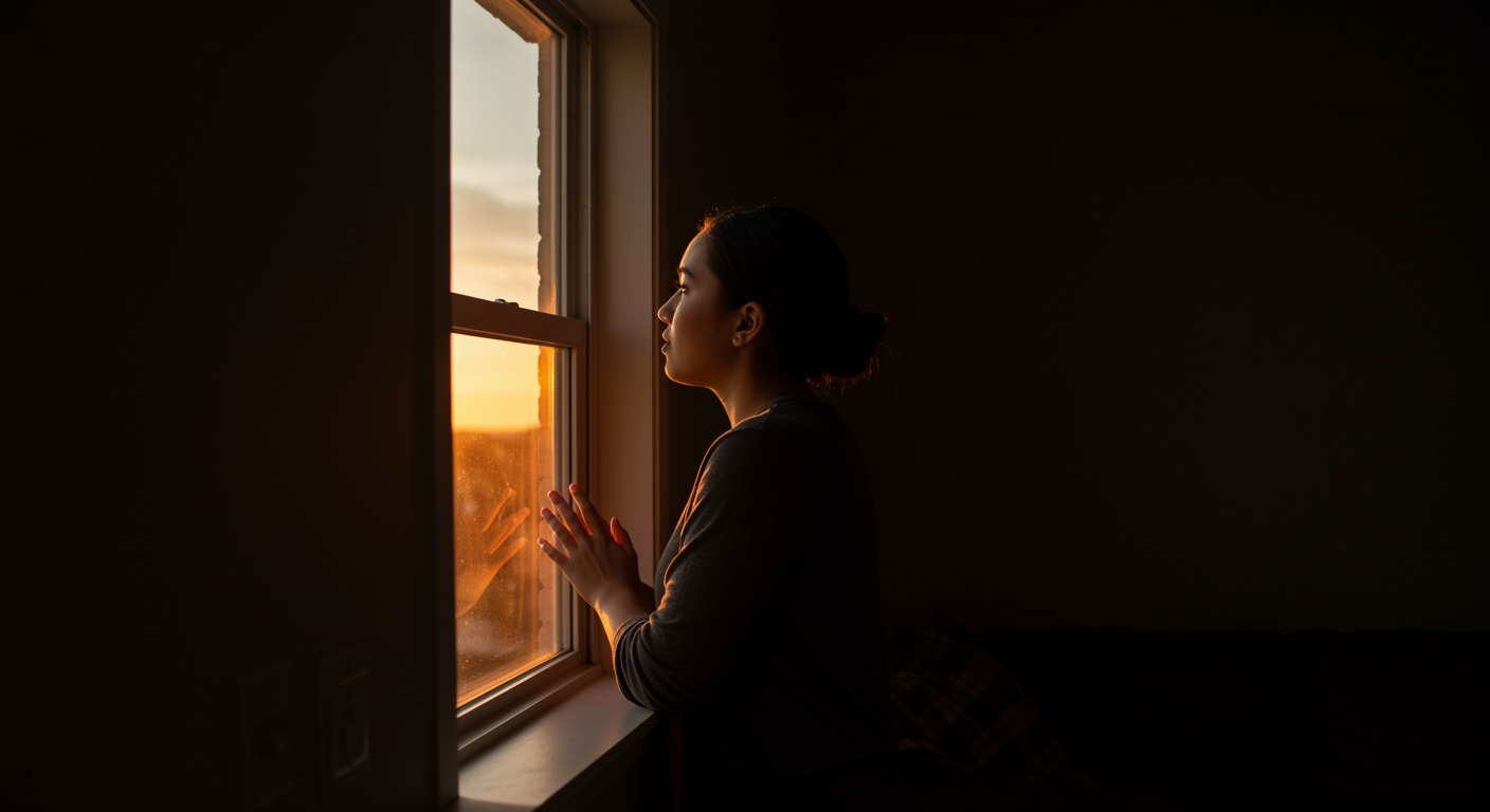 Person looking out window at warm sunrise