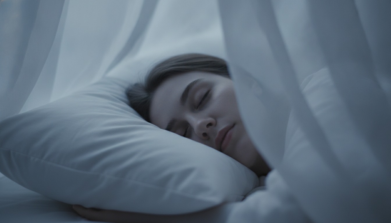 Close-up of a peaceful sleeping face on white pillows with soft moonlight blue tones through curtains