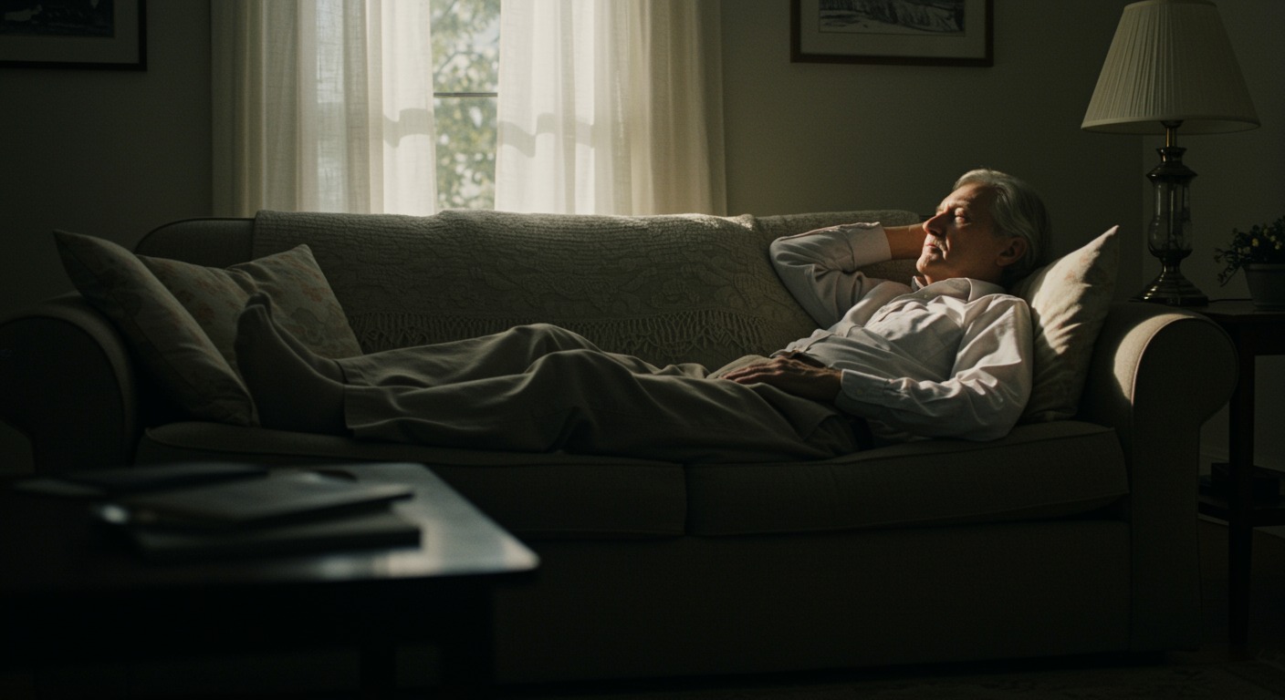 Older adult resting on a couch in a softly lit living room during the late morning