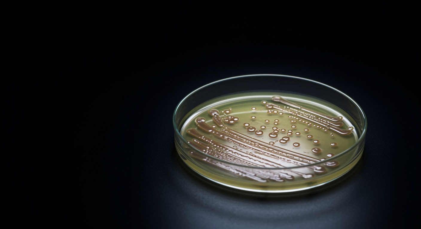 Single petri dish with bacterial culture under laboratory lighting