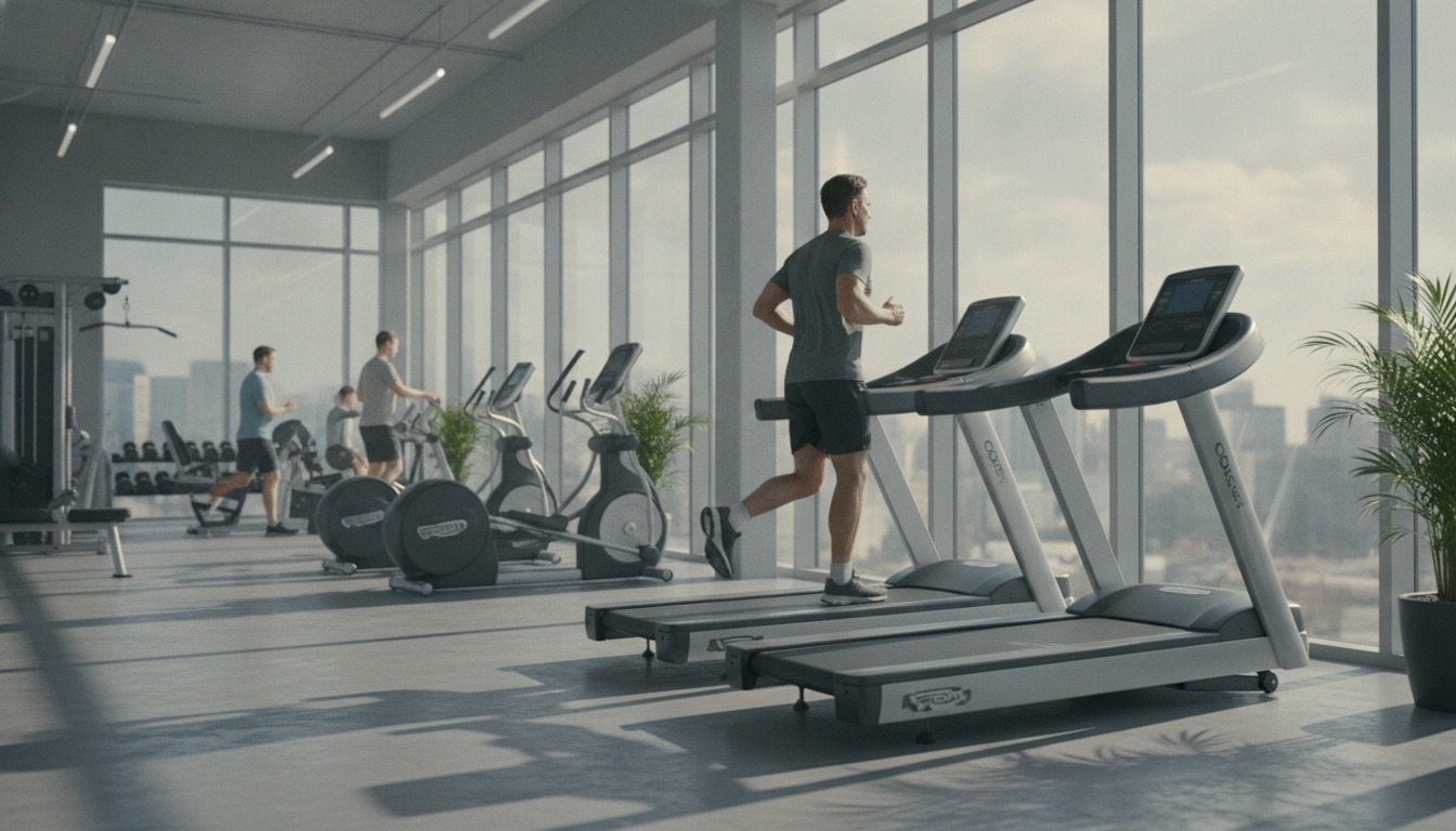 Adult running on an indoor treadmill in a bright gym with tall windows and soft natural daylight