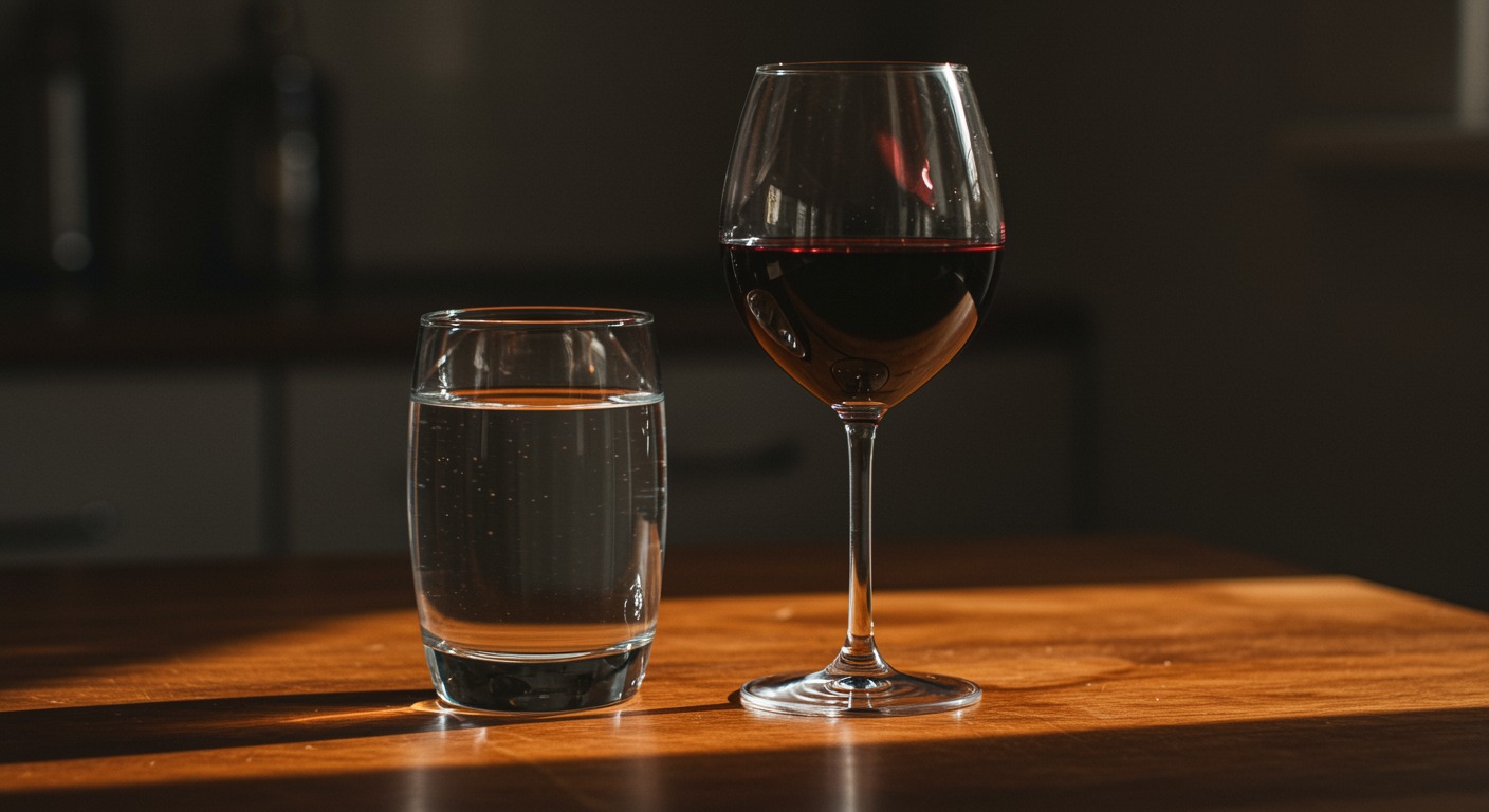 A glass of water replacing a glass of red wine on a wooden kitchen table in soft natural morning light