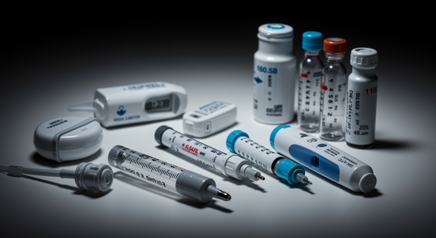 Collection of different insulin delivery devices arranged on white surface, natural lighting, no text, medical evolution