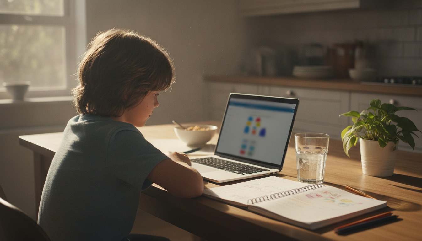 A child sitting at a kitchen table with a laptop and a notebook in soft afternoon light, a glass of water and a houseplant nearby