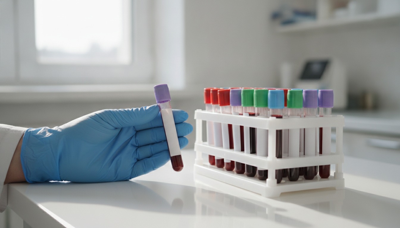 Gloved hand holding a labeled blood collection tube beside a rack of samples on a clinic bench in soft daylight