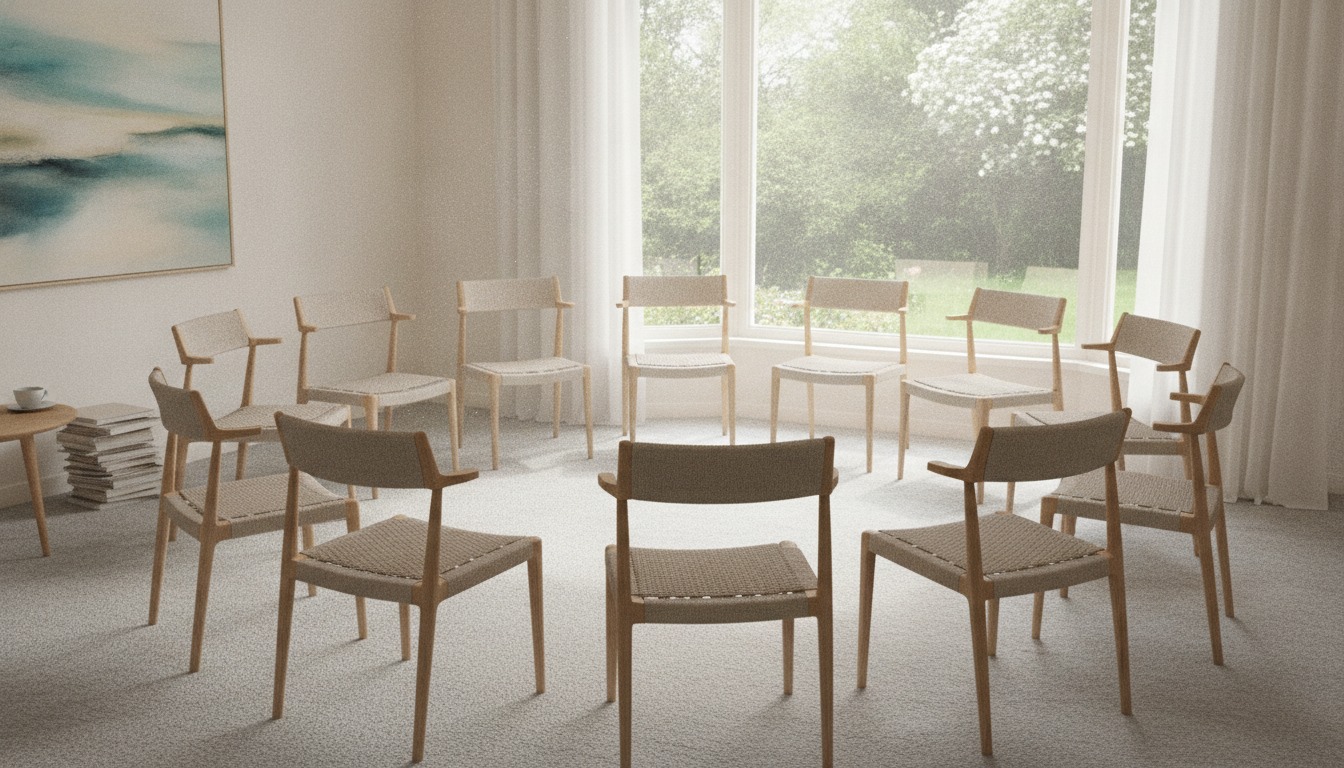 Several empty chairs arranged in a small circle in a bright room beside a large window in soft natural light