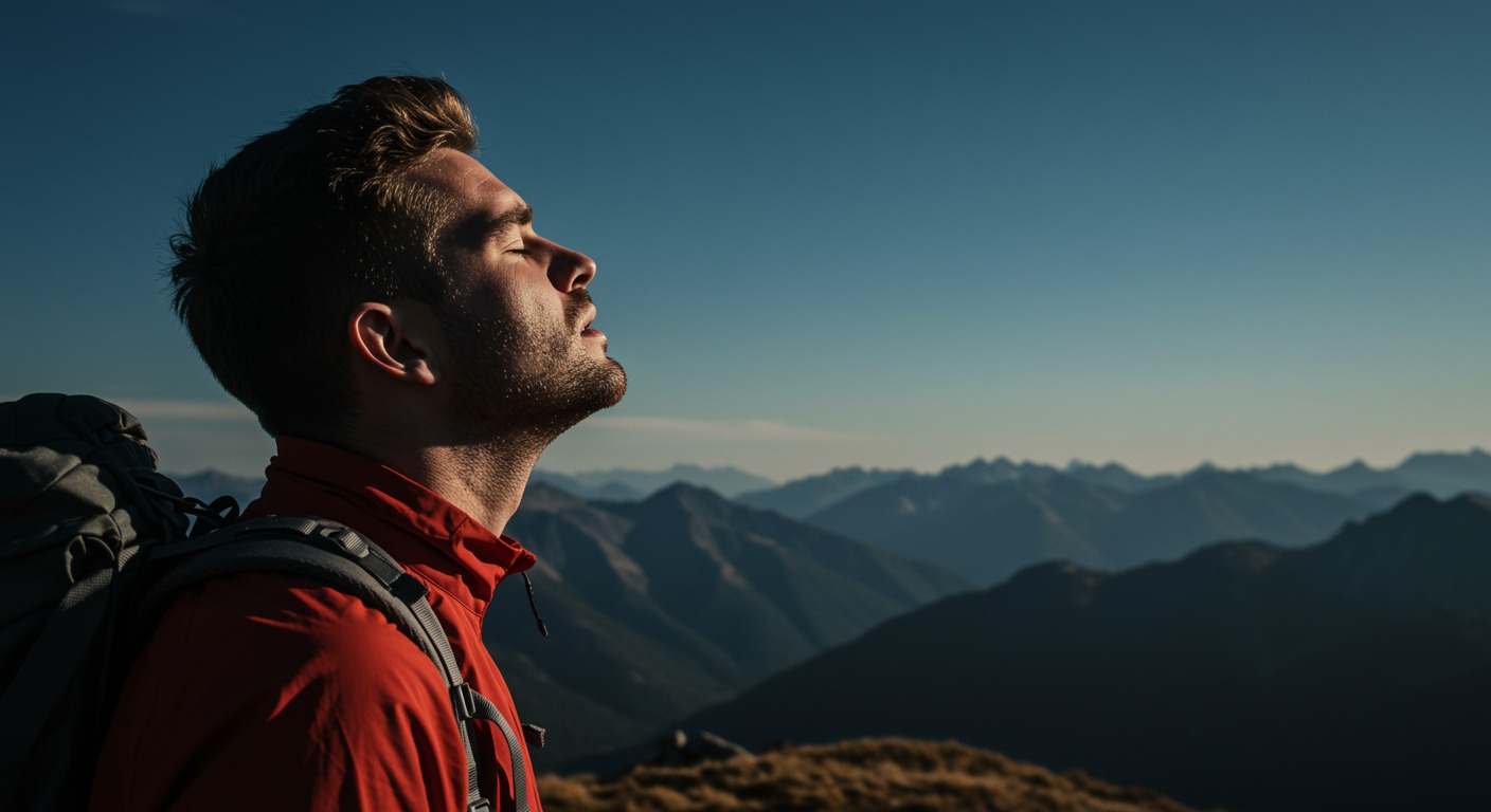 Hiker breathing deep on sunny mountain summit