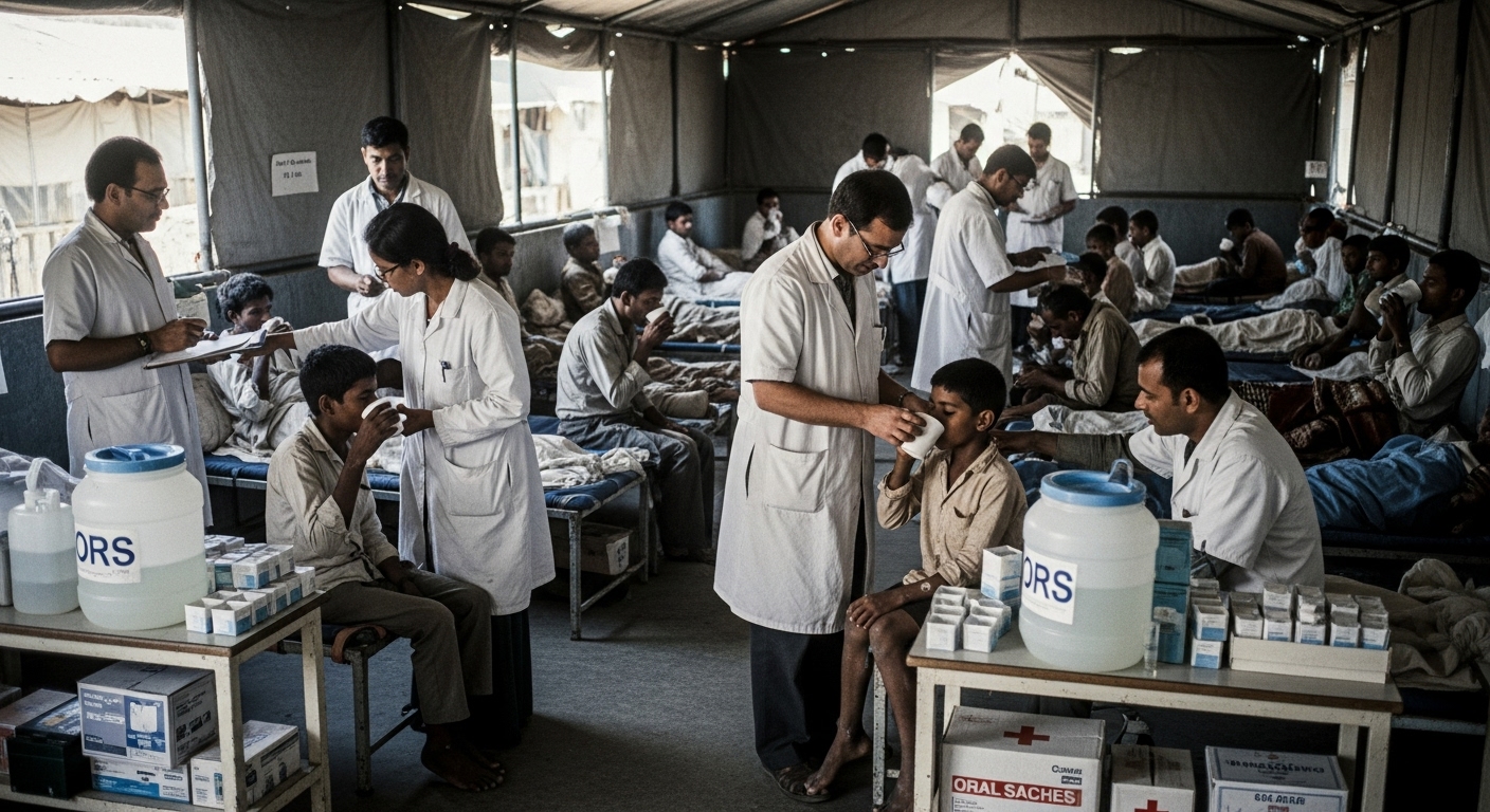 Medical staff distributing oral rehydration solution to refugees during cholera outbreak