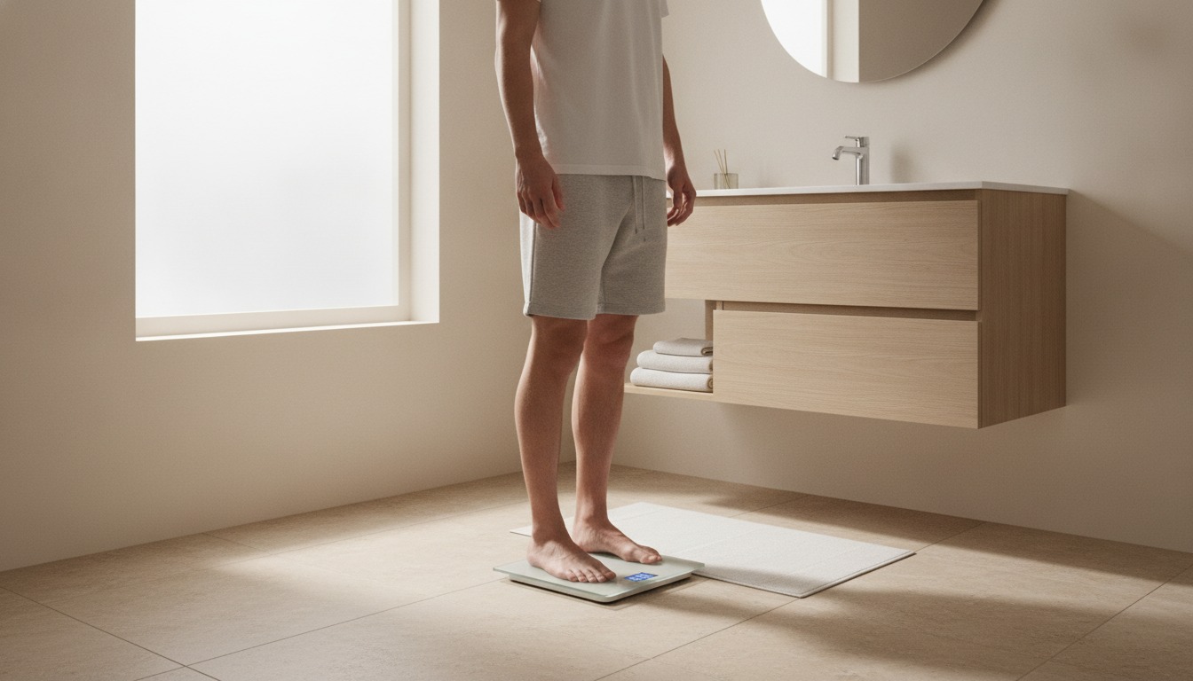 Person stepping on a scale in a bright bathroom with clean neutral tones and soft natural light