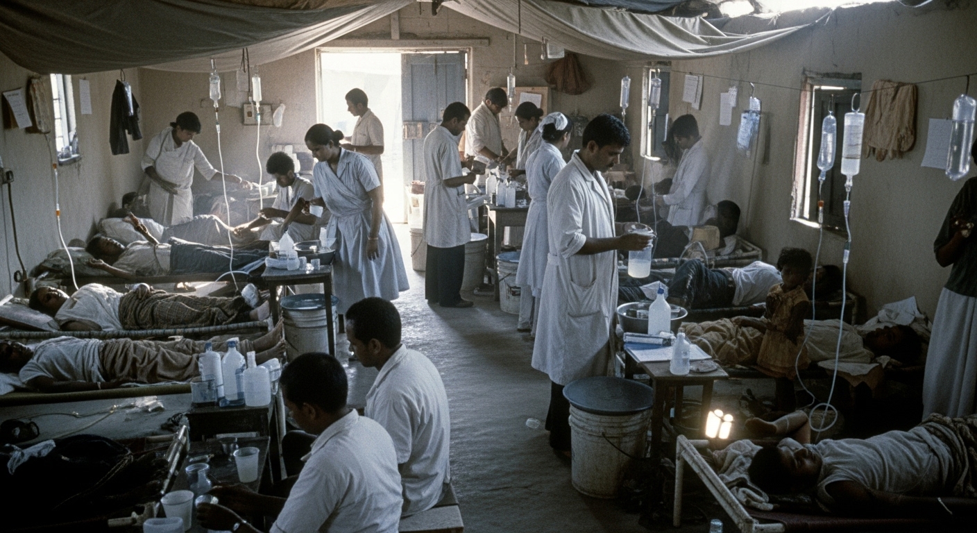 Doctors treating cholera patients in a clinical ward using oral therapy