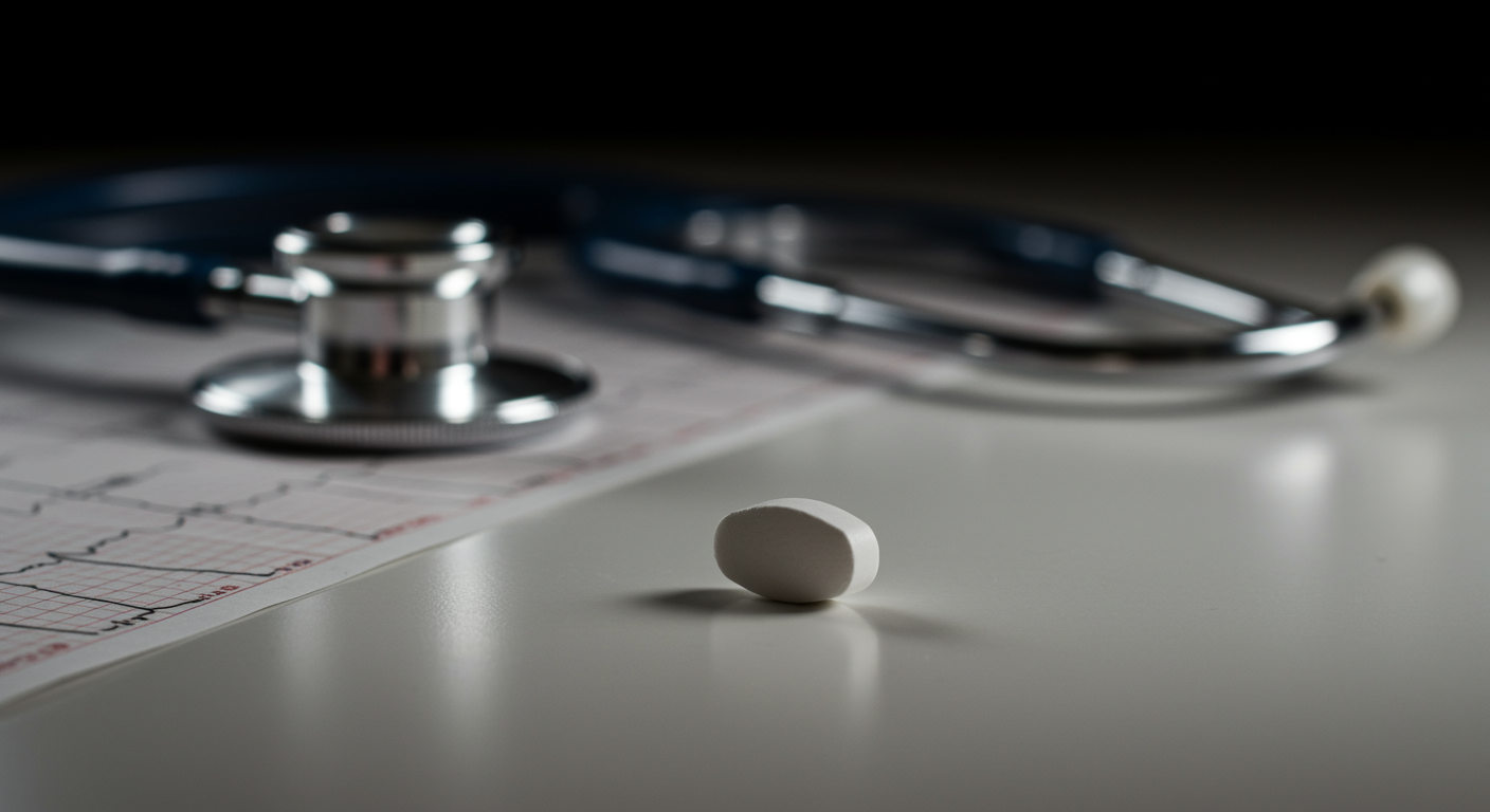 Close-up of a single white pill on a clean surface with a stethoscope and heart monitor in soft natural light