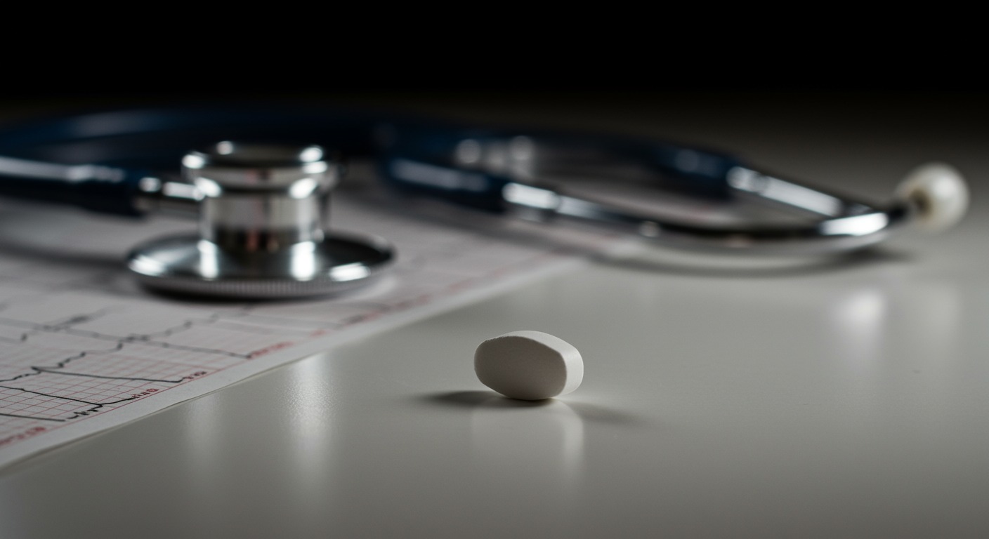 Close-up of a single white pill on a clean surface with a stethoscope and heart monitor in soft natural light