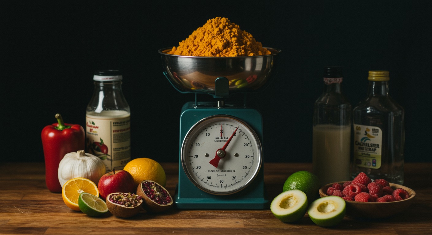 Fresh colorful ingredients measured out on a kitchen scale with bright even lighting