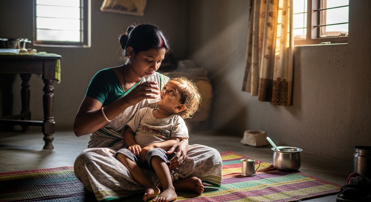 Bangladeshi mother giving a child oral rehydration solution at home