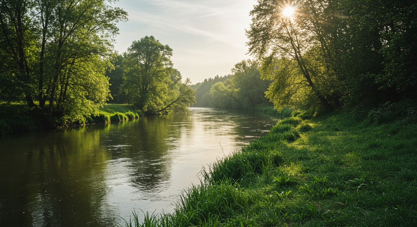 Sunny river with green banks