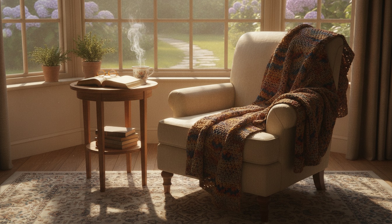 Cozy reading nook with an open book, a steaming mug of tea, and an afghan blanket on a wooden table by a sunlit window with warm golden light