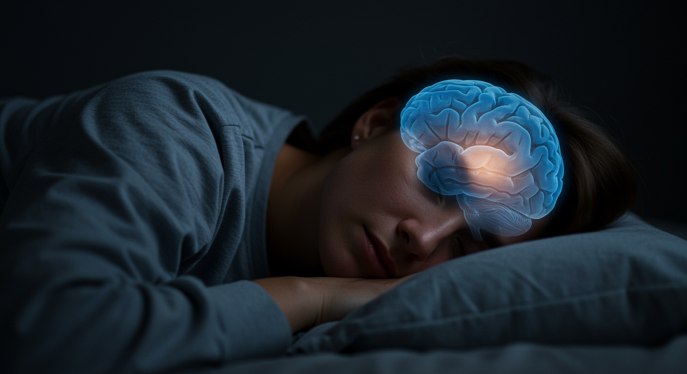Photorealistic image of peaceful sleeping person with subtle emotional healing visualization, soft therapeutic lighting showing brain processing emotions, no text