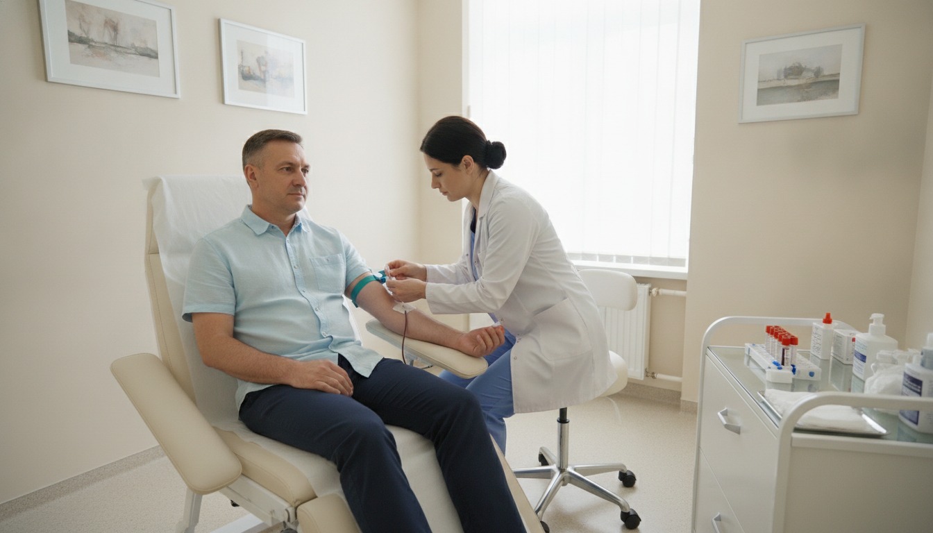 Middle-aged man having blood drawn from his arm by a nurse in a bright, quiet clinic room