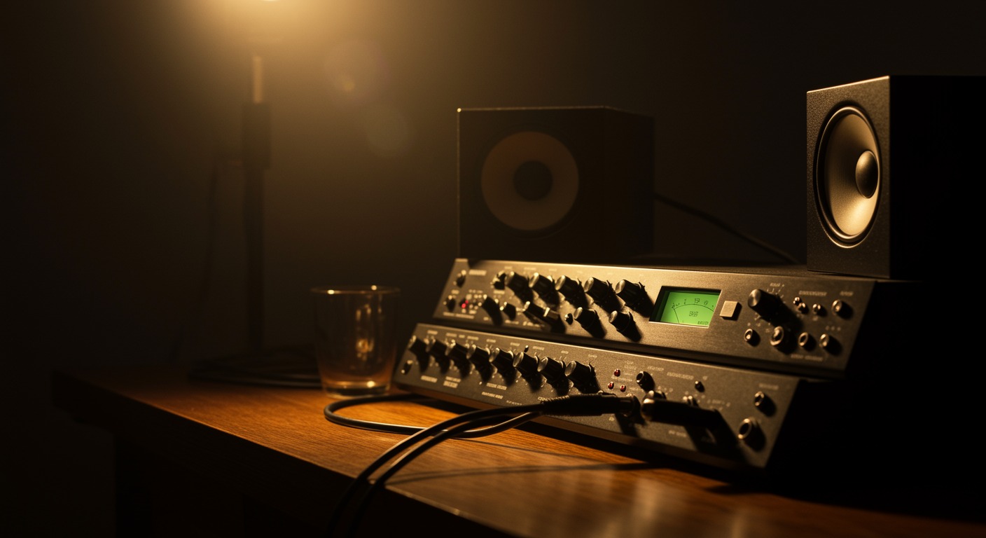 Vintage audio recording equipment on wooden table with warm lighting