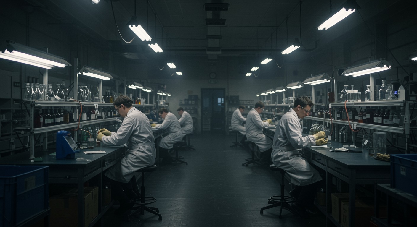 Vintage factory workers at laboratory benches with industrial lighting