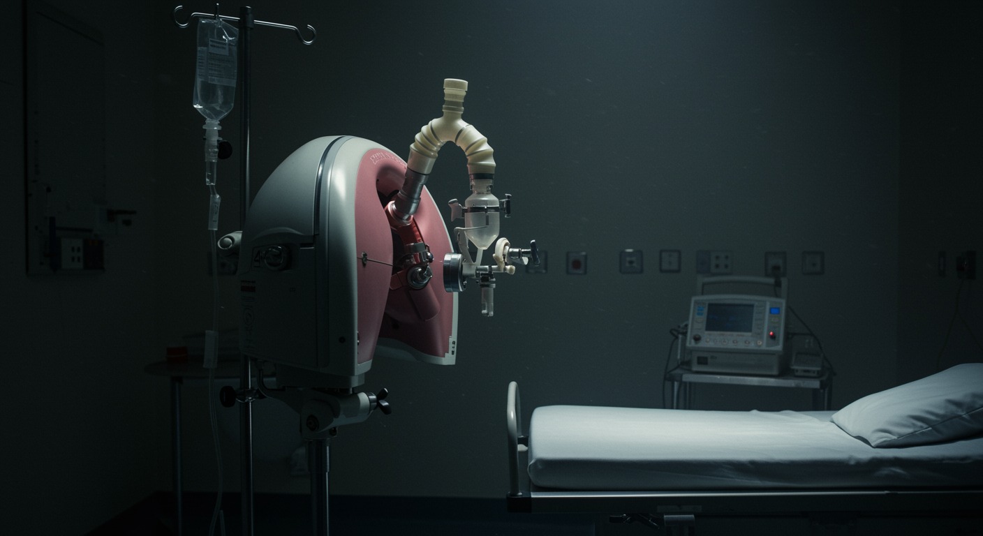 Vintage iron lung medical device in hospital room with soft lighting