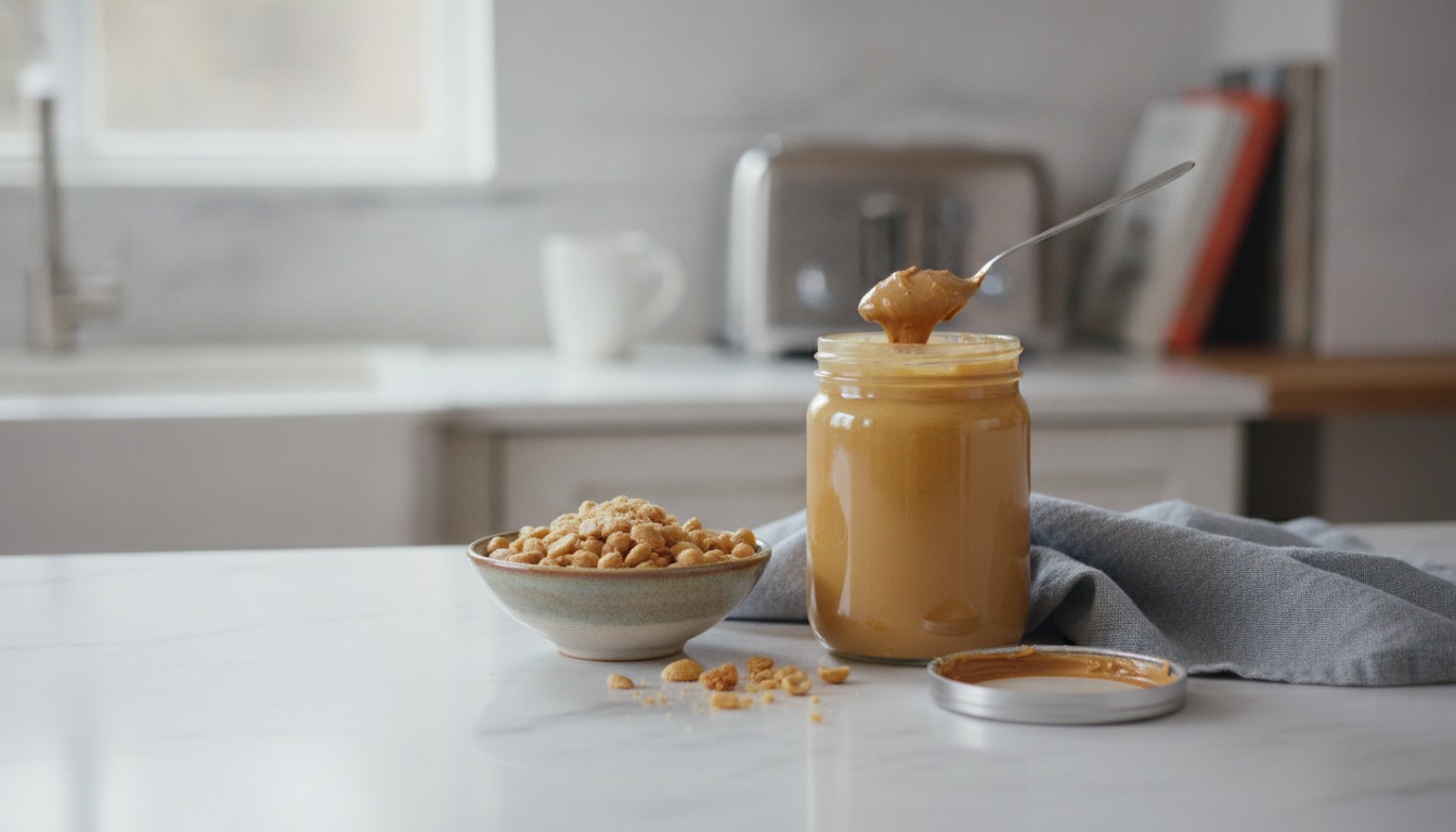 A small bowl of roasted peanuts and an open jar of peanut butter on a bright kitchen counter