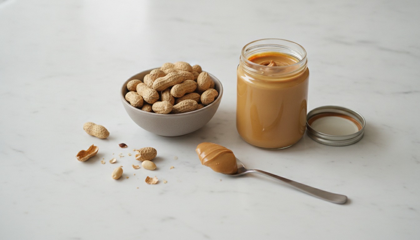 A small bowl of peanuts in the shell, an open jar of peanut butter, and a spoonful of peanut butter resting on a white marble counter