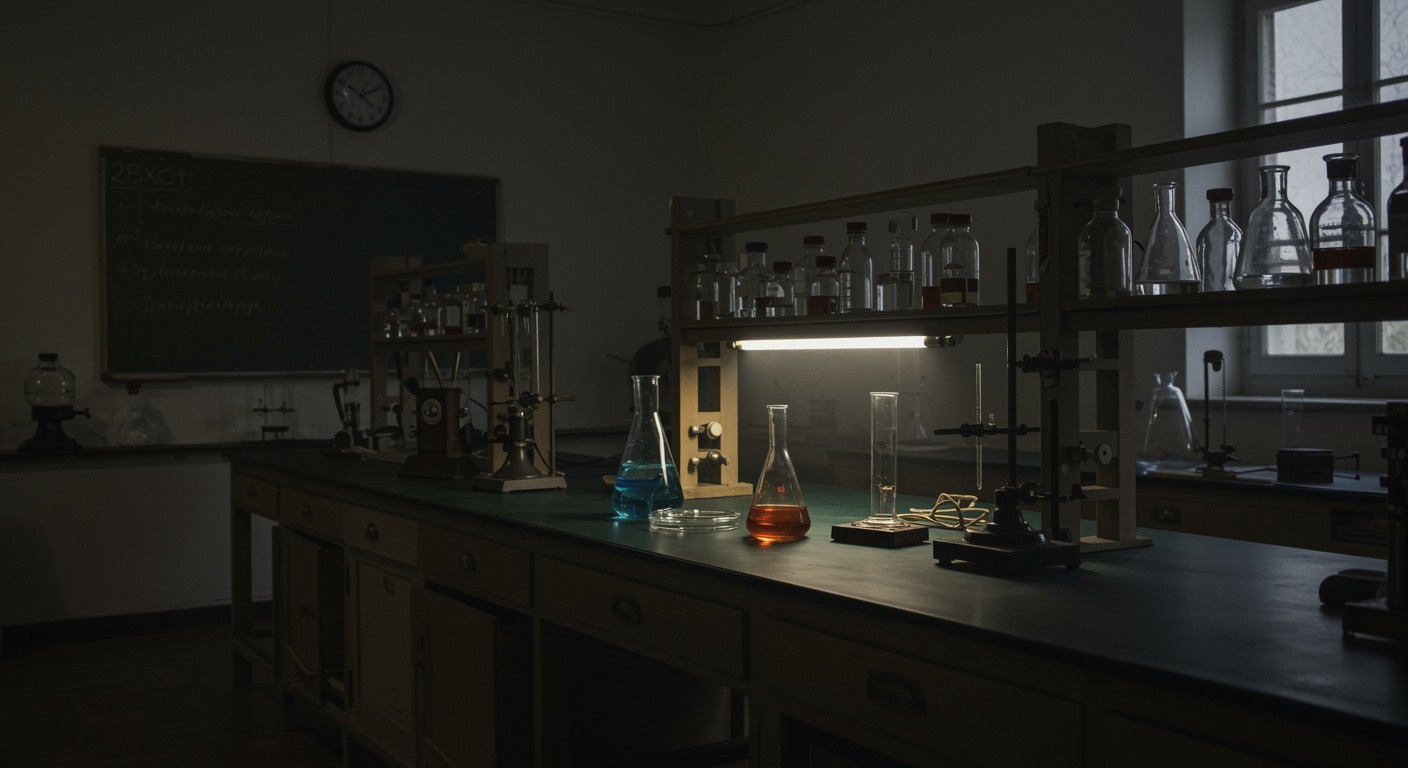Historic university laboratory bench with scientific equipment under soft lighting