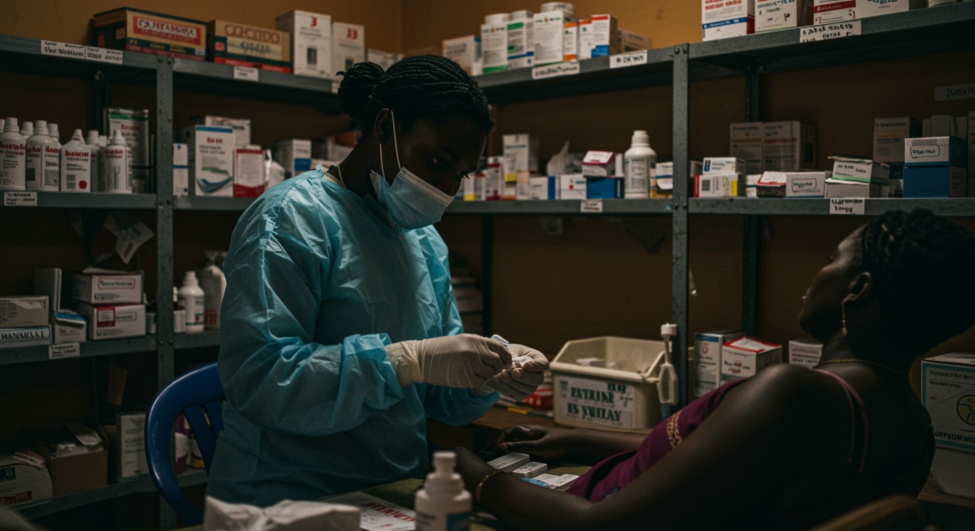 A healthcare worker in a rural African clinic administering medication to a patient while medical supplies line the shelves behind them