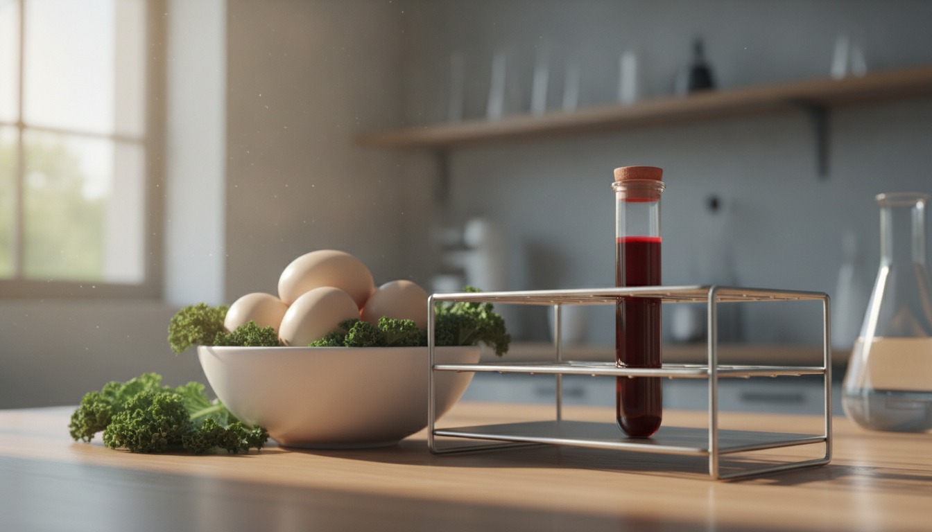 A vial of blood in a rack on a laboratory bench beside a bowl of eggs and leafy greens in soft natural window light