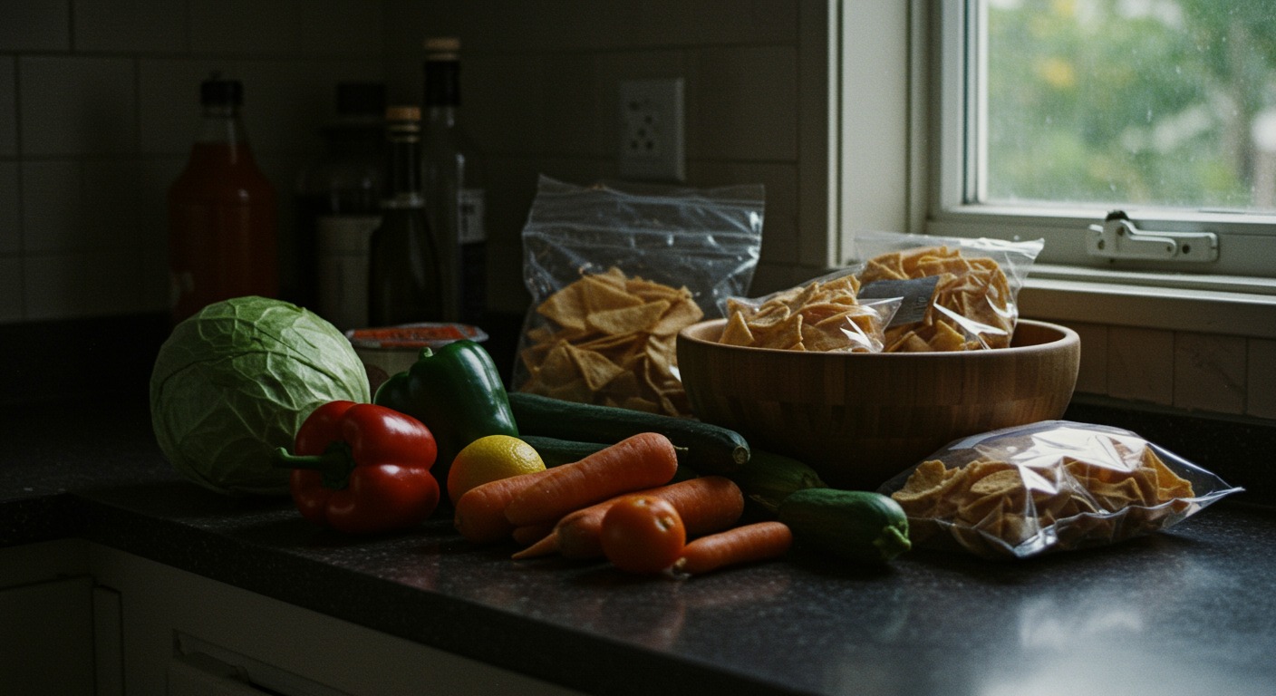 A kitchen counter with fresh vegetables next to packaged processed snacks, with soft natural light from a window
