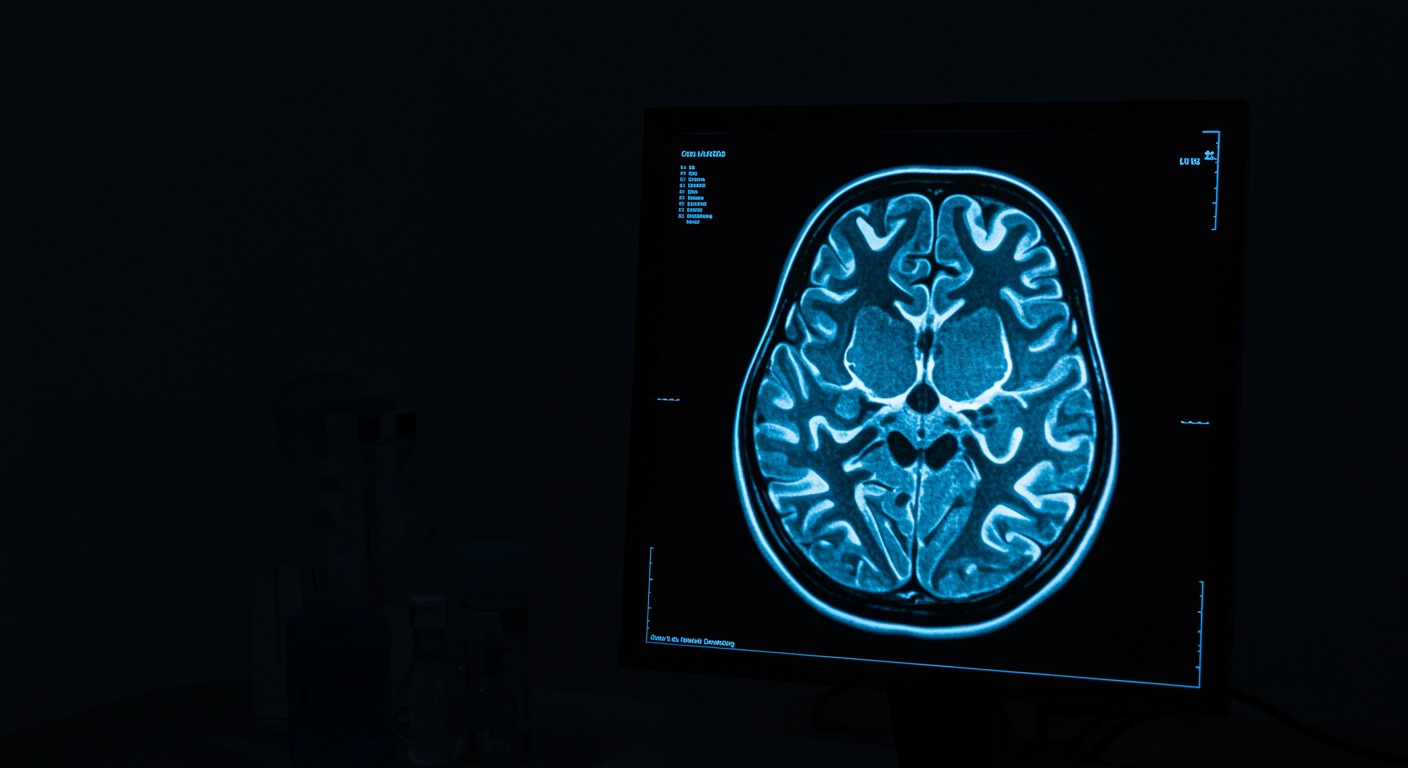 Brain scan image on medical monitor with soft blue lighting