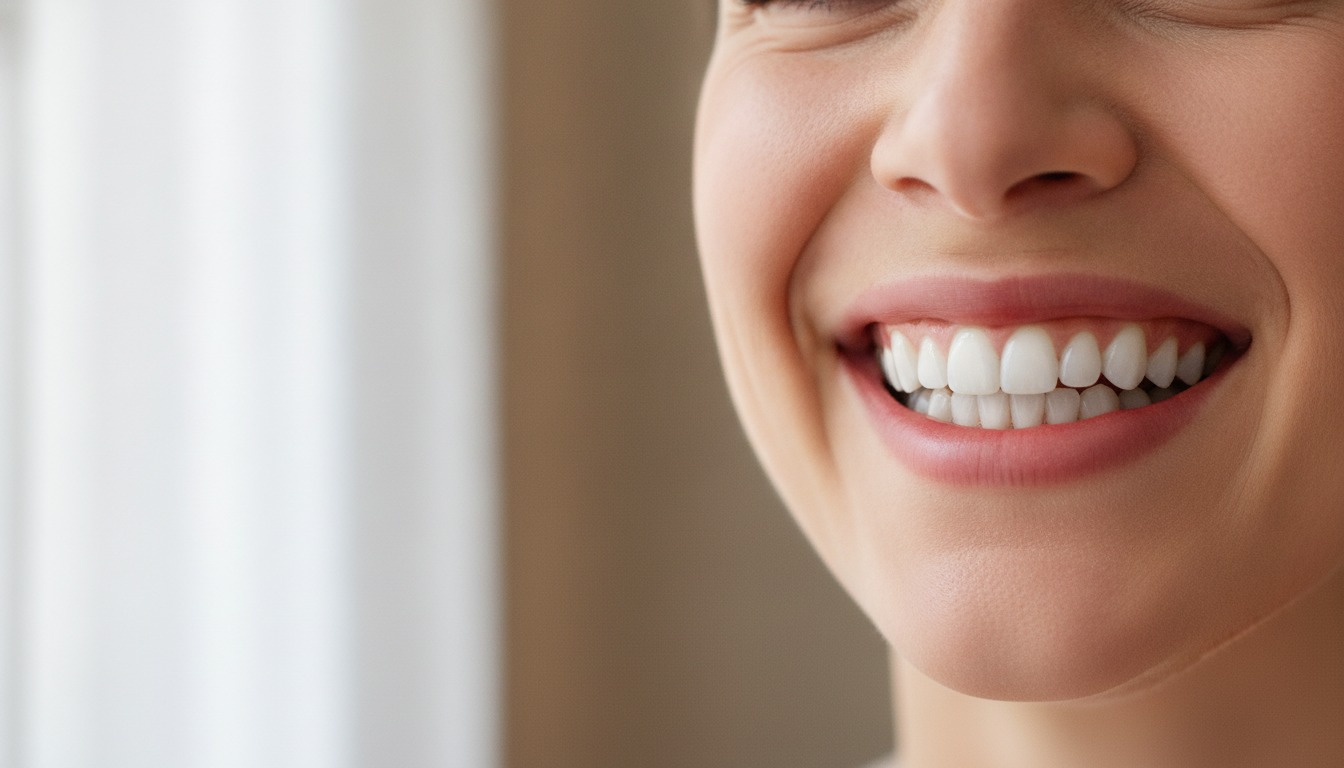 Close-up of an adult smiling with healthy teeth and gums in soft natural window light