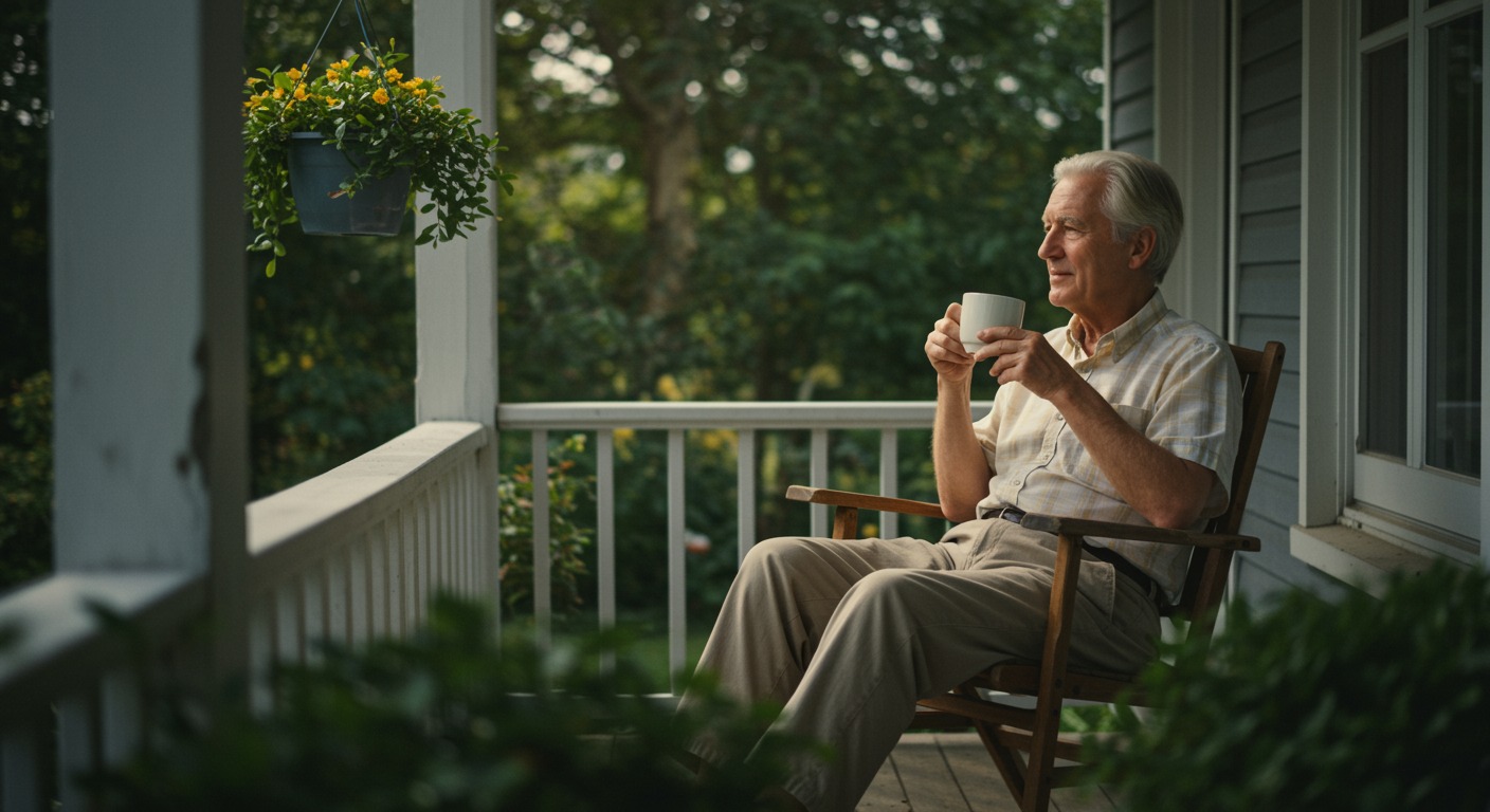 Older adult enjoying a quiet morning on a porch with a cup of coffee, surrounded by greenery in soft warm sunlight