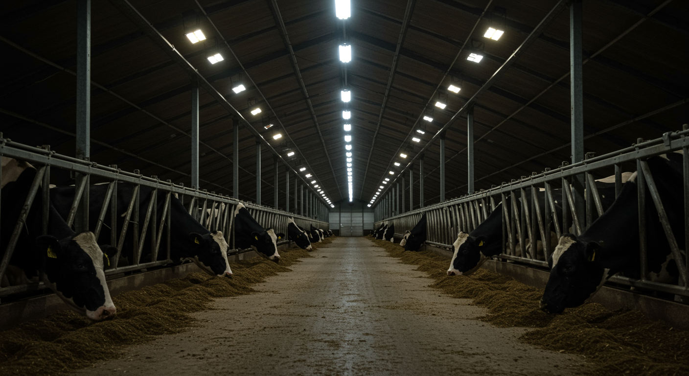 Modern livestock farm with feeding systems under agricultural lighting