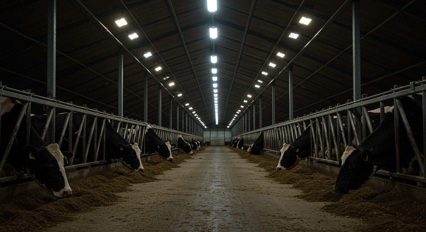 Modern livestock farm with feeding systems under agricultural lighting