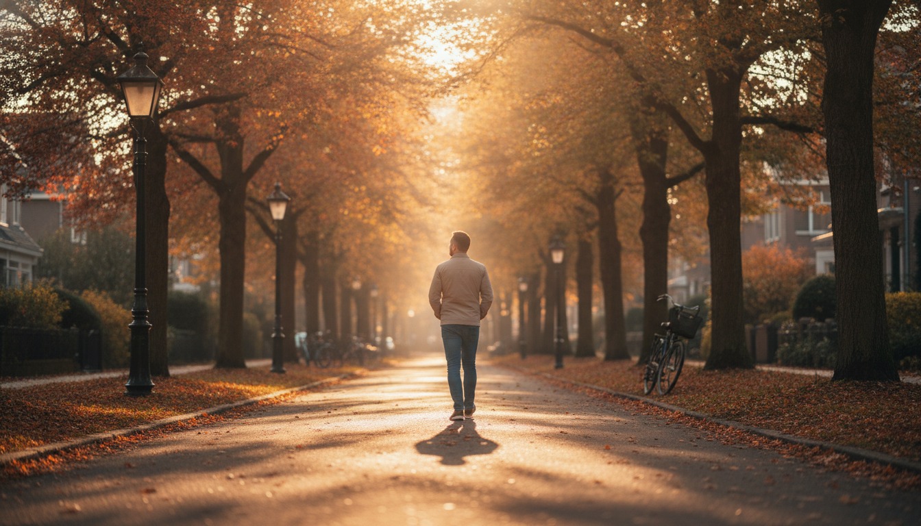 Person walking on a tree-lined neighborhood path on a sunny afternoon with warm golden light filtering through leaves