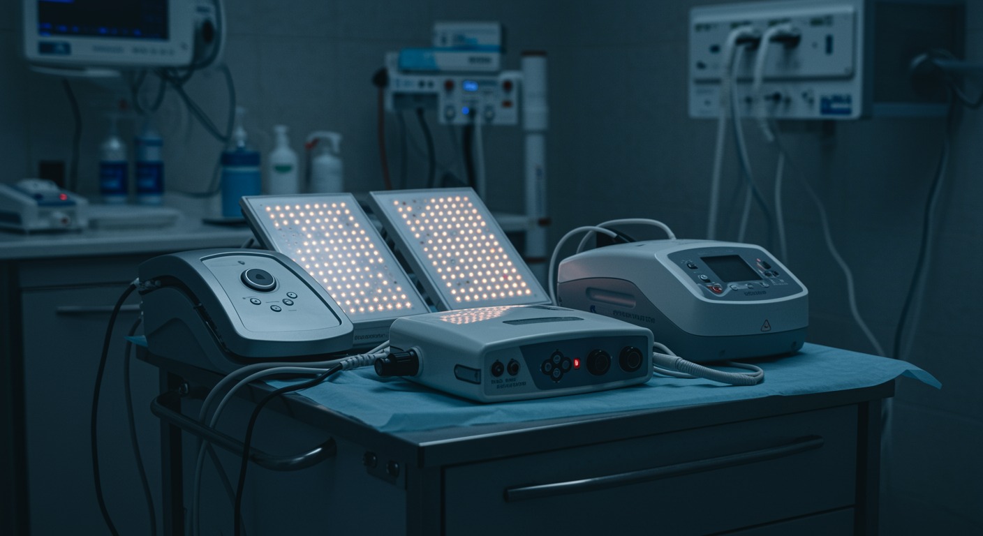 Modern clinical treatment room with various photobiomodulation devices including LED panels and laser units arranged on a clean medical cart