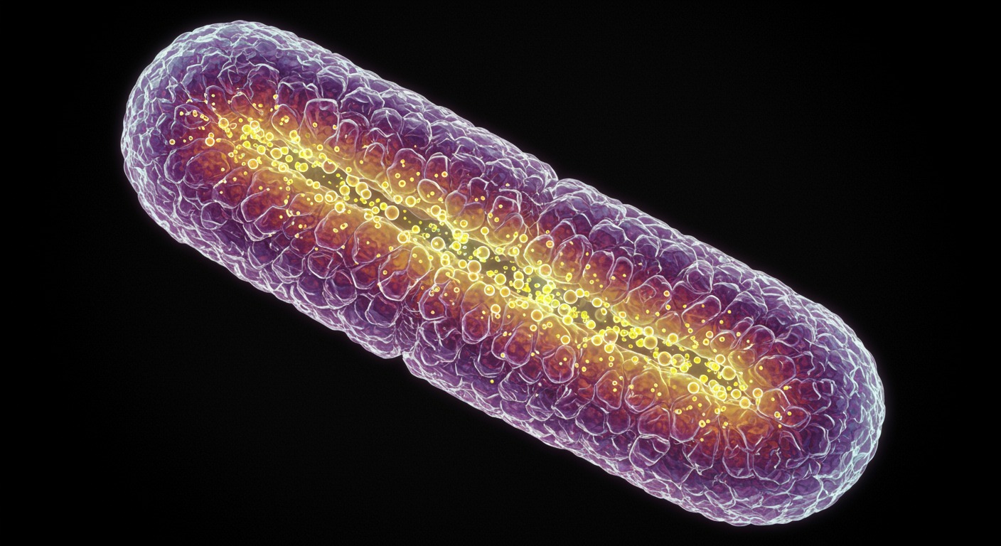 Scientific illustration of a mitochondrion with light photons interacting with the electron transport chain in a cellular biology context