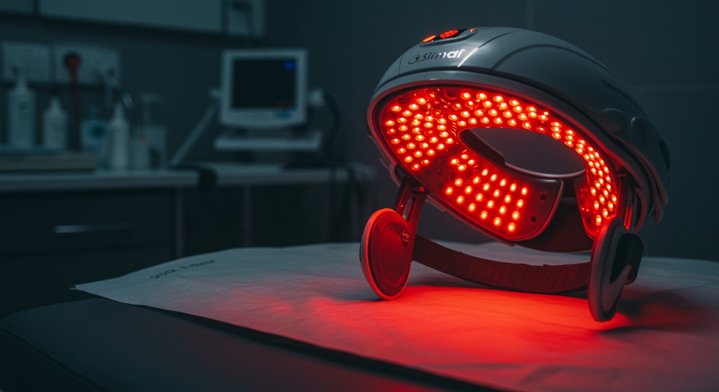 Close-up of a transcranial red light therapy helmet glowing with warm red and near-infrared LEDs, placed on a treatment table in a modern clinical setting