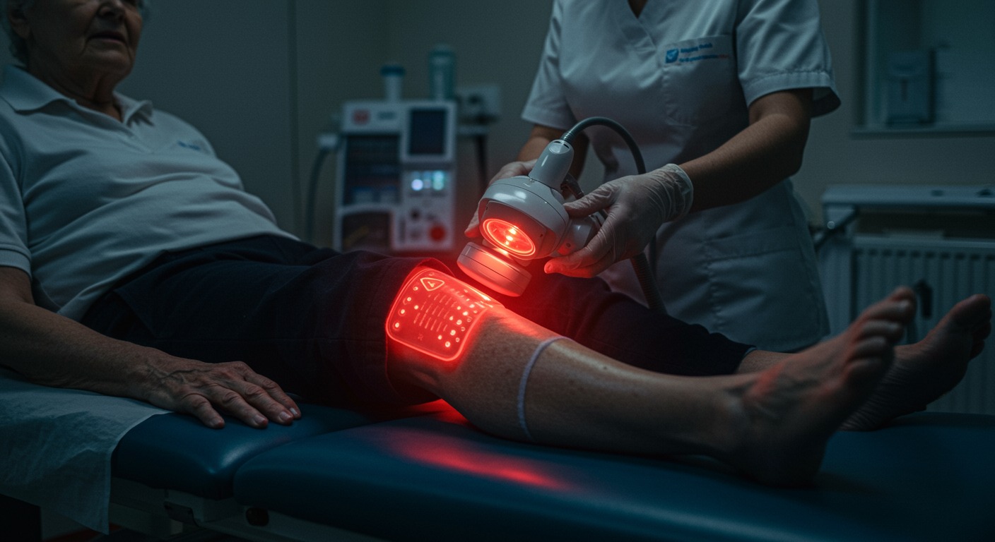 Elderly person receiving red light therapy on their knee in a clean physical therapy clinic with natural lighting