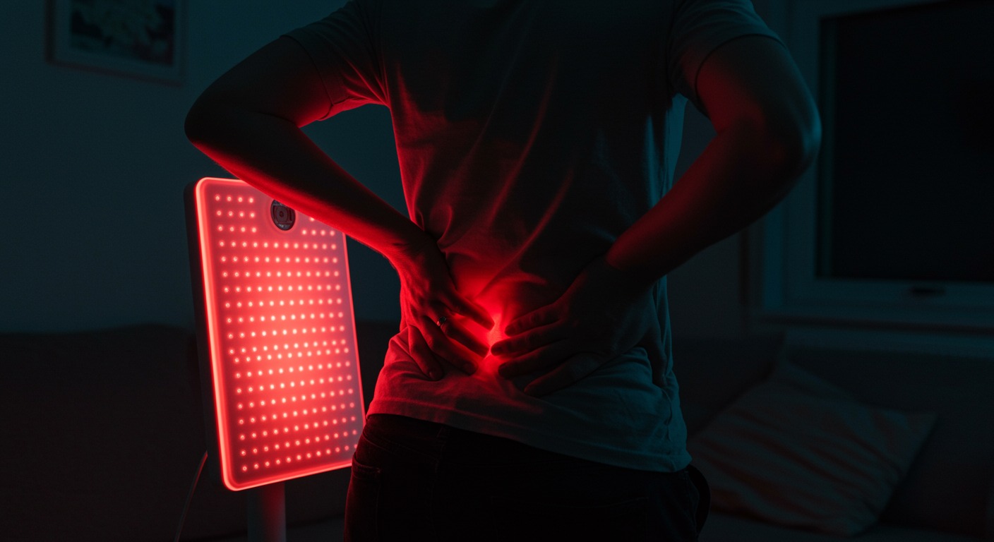 Person holding their lower back in discomfort with a soft red glow from a light therapy panel illuminating the area in a home setting
